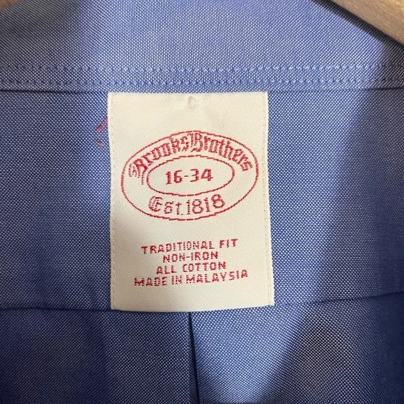 BROOKS BROTHERS Mens 16-34 Dress Shirt Traditional Fit Non Iron Blue Button Down - Picture 2 of 9